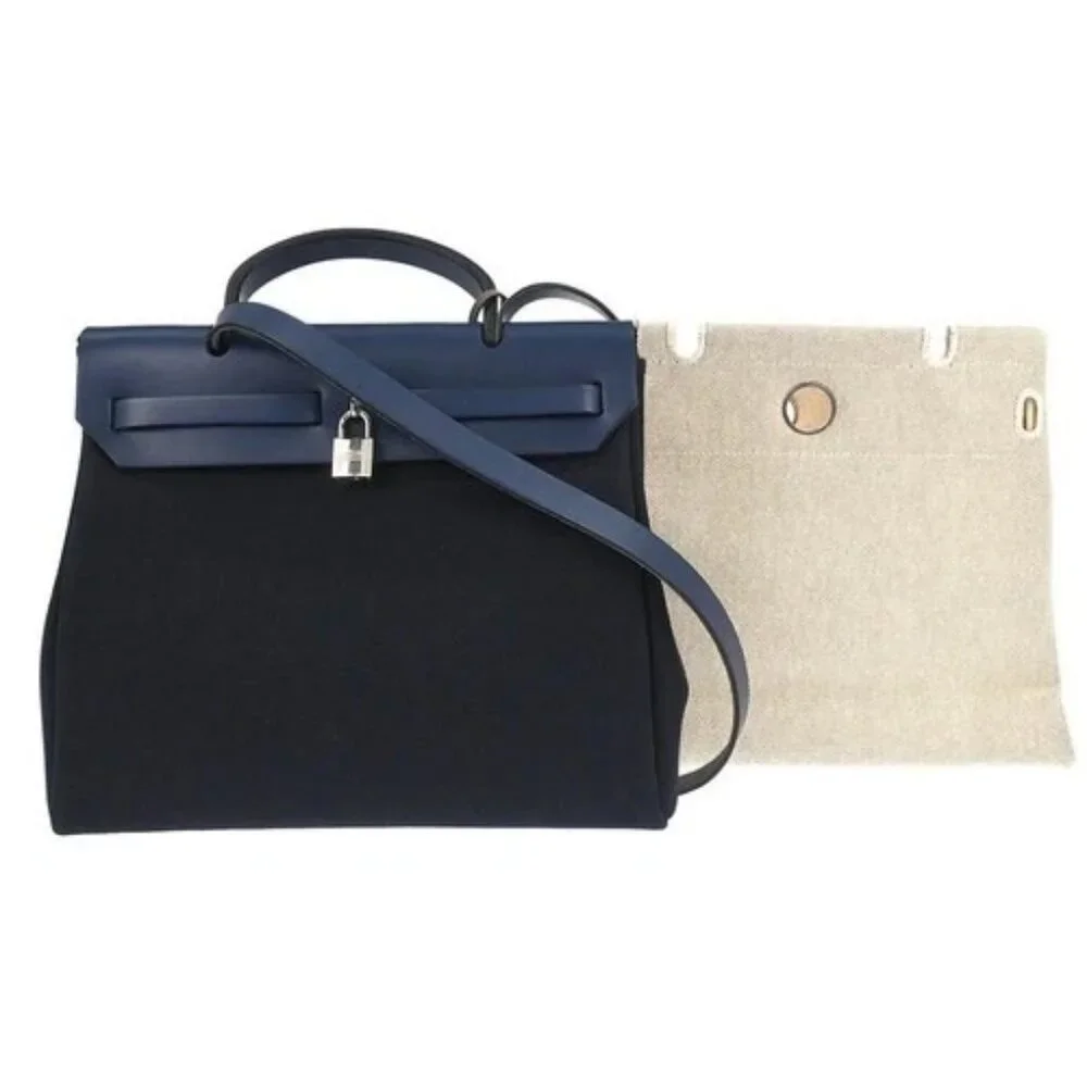 Hermes Beige Navy Toile H Officier Herbag PM 2 in 1 Handbag C□F 117854 - Picture 2 of 10